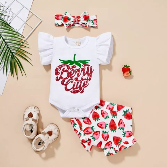 Other - Baby Girls Strawberry 'Berry Cute" Bubble Shorts Outfit Set